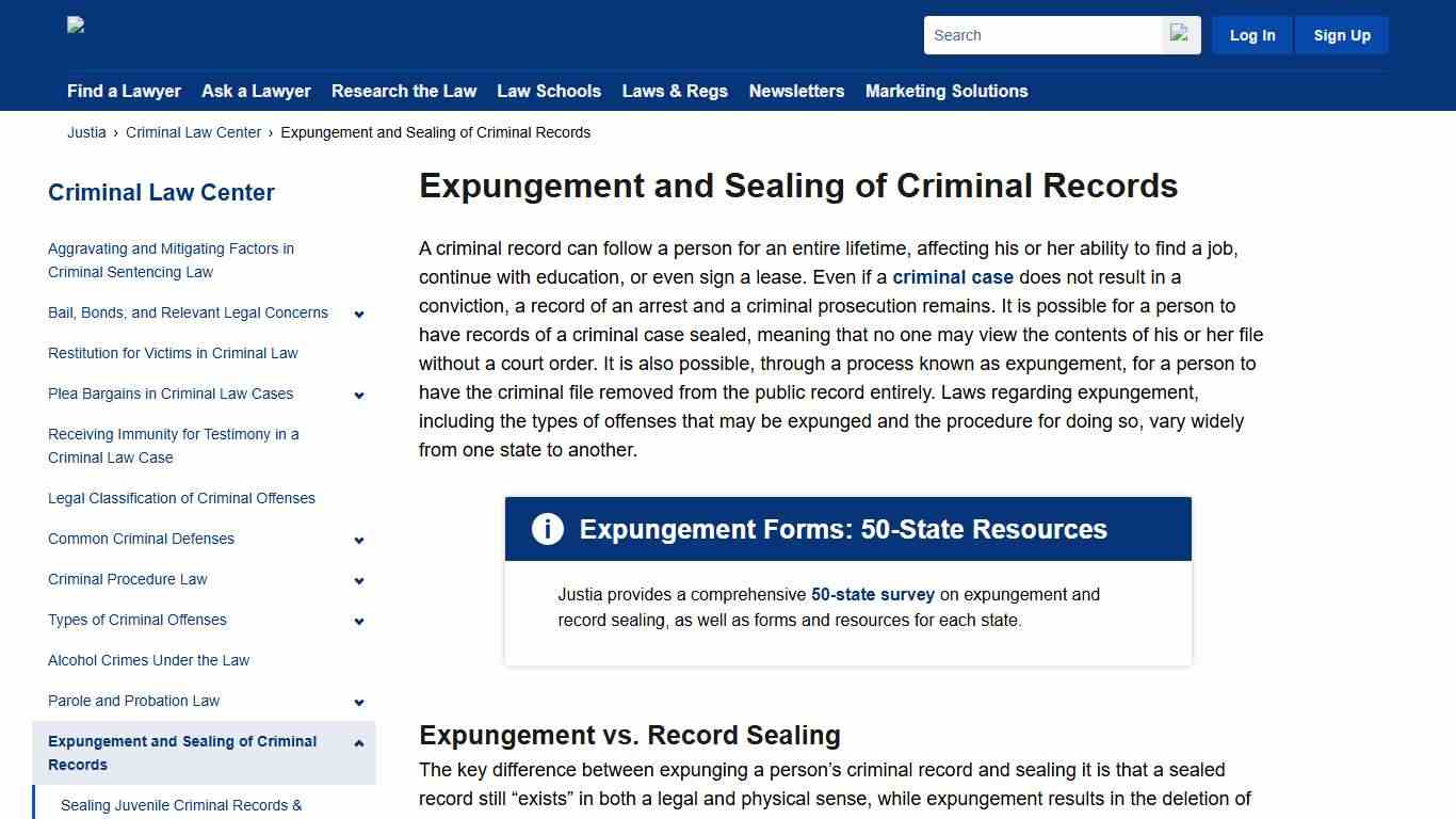 Expungement and Sealing of Criminal Records & Legal Procedures | Criminal Law Center | Justia